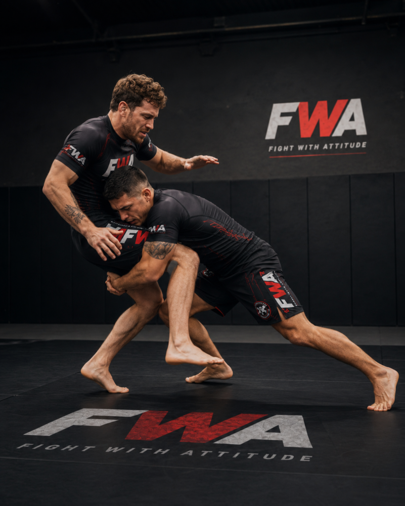 Deux grapplers en tenue FWA réalisent un takedown lors d’un entraînement de grappling à Champigny-sur-Marne.