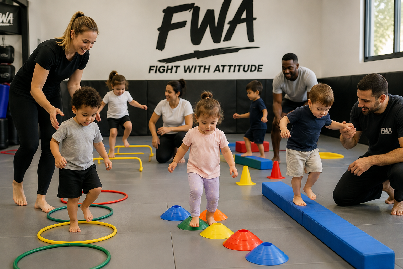 Groupe d'enfants de 2 et 3 ans sur un parcours de motricité avec cerceaux et plots au Club FWA de Champigny-sur-Marne