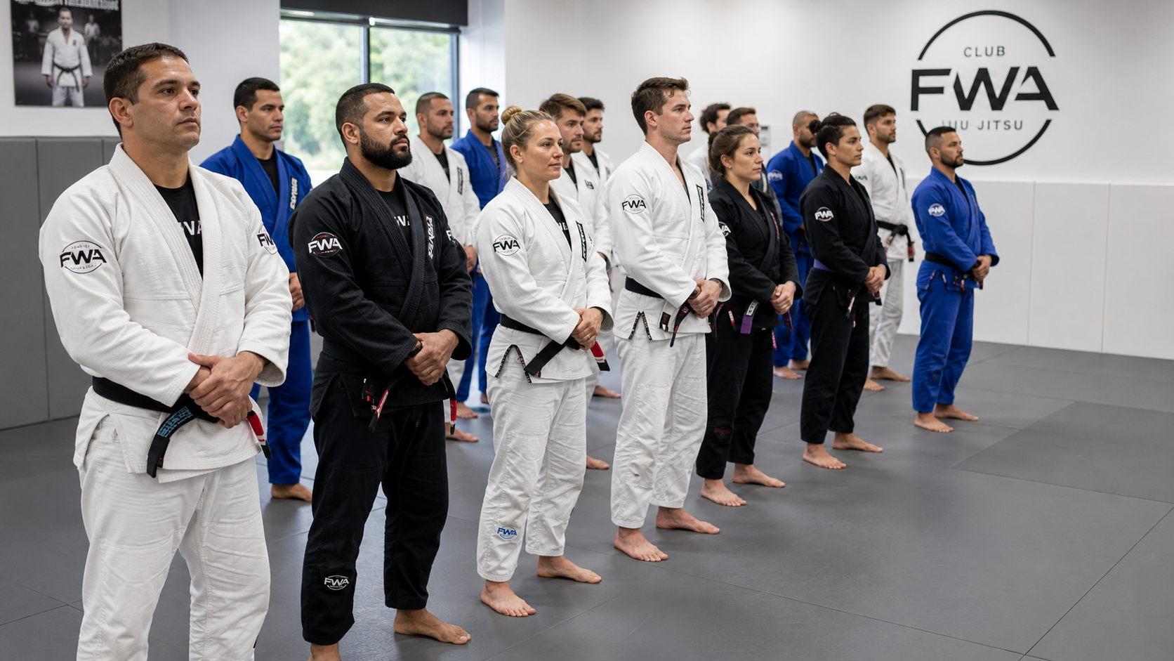 Pratiquants de jiu-jitsu brésilien en kimono alignés sur le tapis du Club FWA à Champigny-sur-Marne lors de la reprise de saison